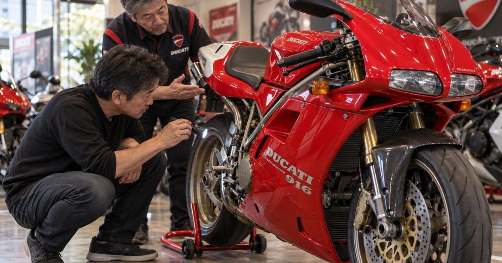 中古バイク販売店で赤いドゥカティ916のエンジン周辺をライトで確認する50代の購入希望者と整備士