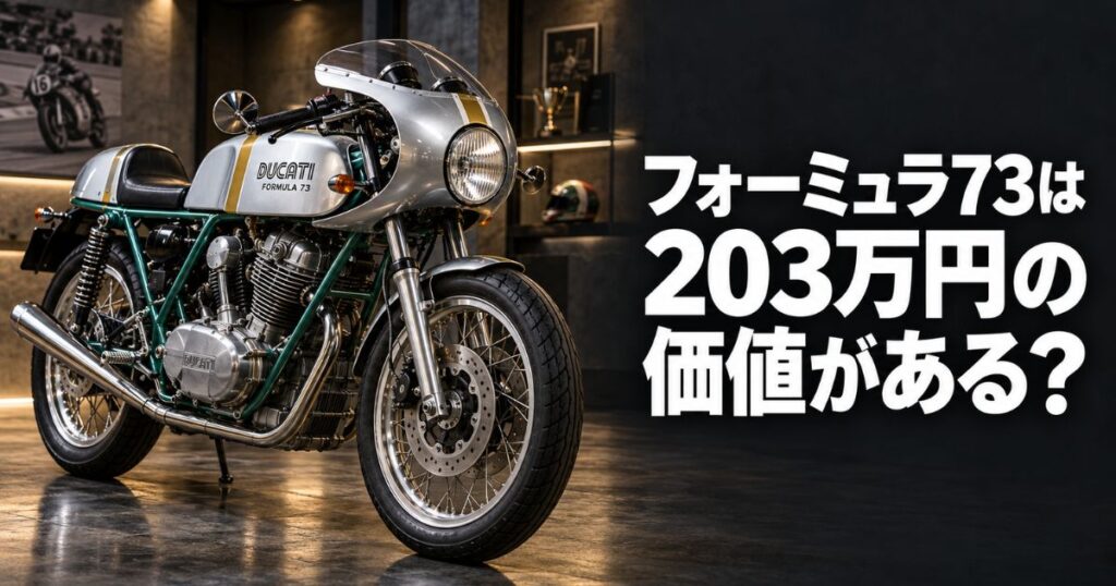 シルバーのタンクとアクアグリーンのフレームが特徴的なドゥカティ フォーミュラ73と、203万円の価値を問う文字を配置したアイキャッチ画像