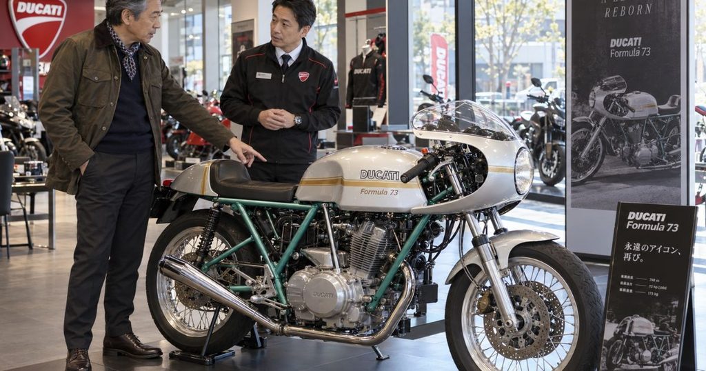 ドゥカティ正規販売店でフォーミュラ73の車両を指しながら予約についてスタッフと相談する50代の日本人男性