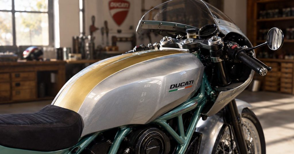 1973年の750スーパースポーツをモチーフにしたフォーミュラ73の銀色タンクと金色のライン、アクアグリーンのフレームの接写