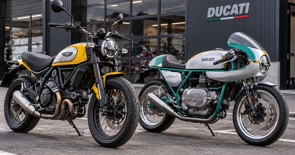 前輪18インチでアップハンドルのスクランブラー アイコンと、前輪17インチでセパレートハンドルのフォーミュラ73を並べた比較写真