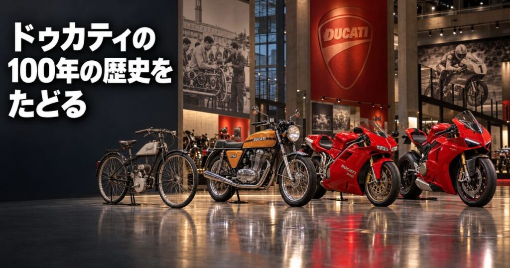 ドゥカティの100年の歴史を象徴するクッチョロ、750GT、916、パニガーレV4が並ぶミュージアム風の展示風景