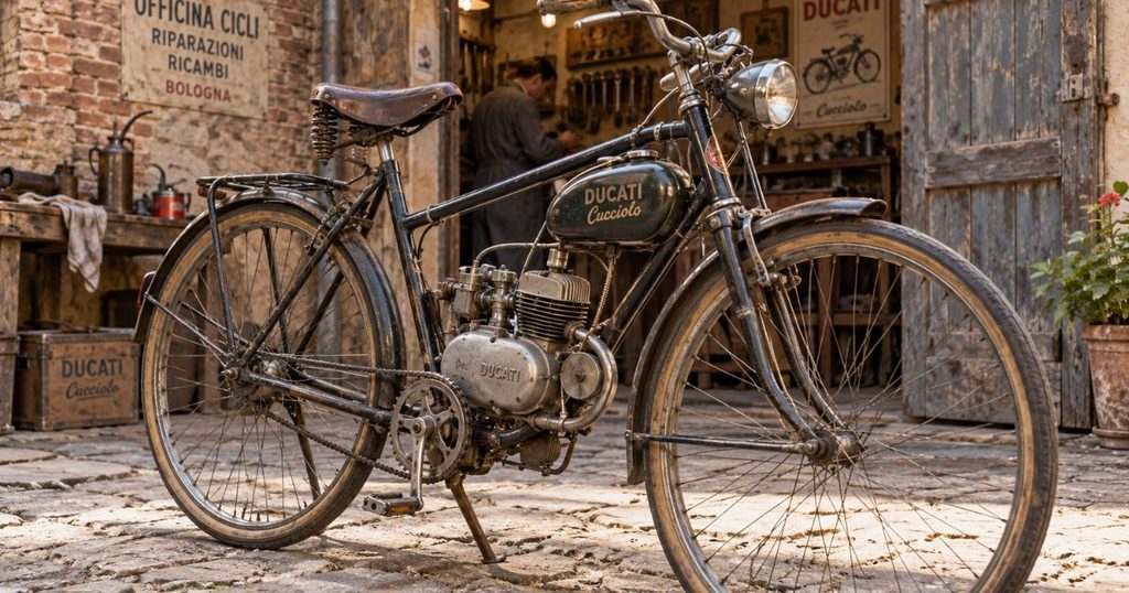 1940年代のイタリア製自転車に取り付けられたドゥカティの48cc補助エンジン「クッチョロ」と当時の作業場