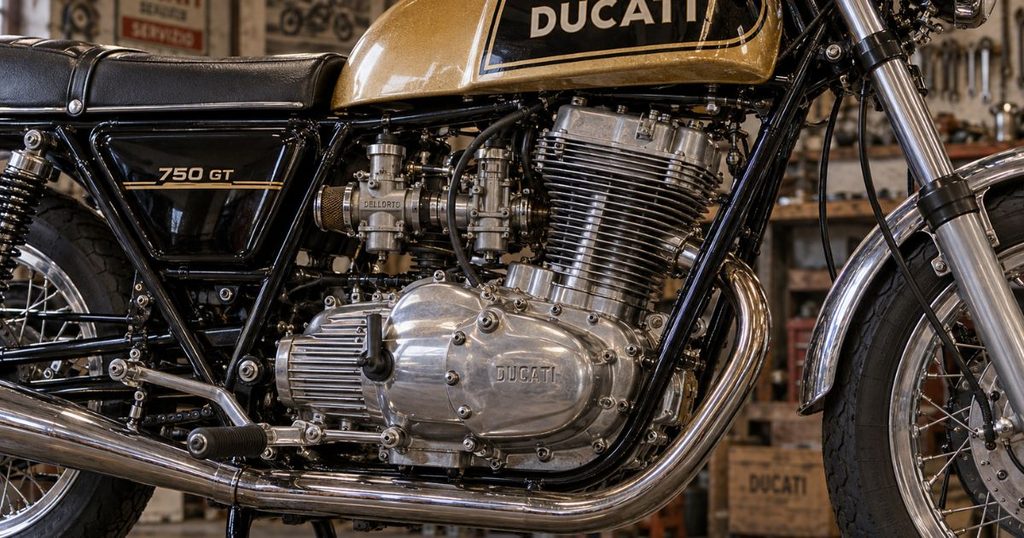 1970年代のドゥカティ750GTに搭載された、前後のシリンダーが90度に配置された空冷Lツインエンジンの接写