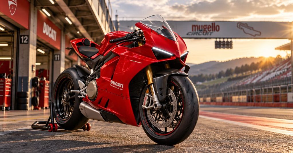 イタリアのレーシングサーキットのピットレーンに置かれた、赤いドゥカティ・パニガーレV4の車体と空力カウル