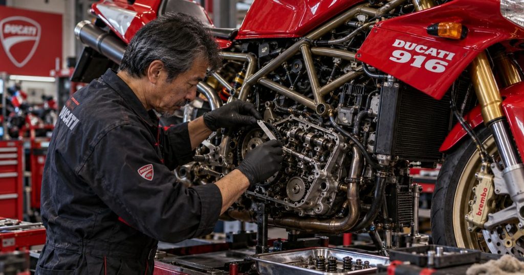 ドゥカティ916の水冷4バルブエンジンを開き、デスモドロミック機構のバルブクリアランスを測定する50代の日本人整備士