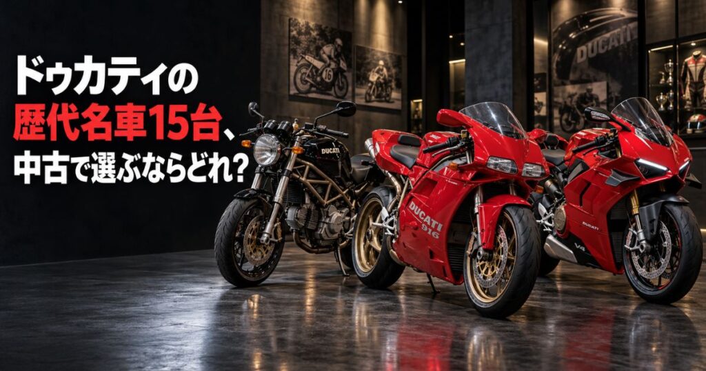 歴代ドゥカティを代表するモンスター900、赤い916、パニガーレV4を並べた名車15台の中古車選びを紹介するアイキャッチ画像