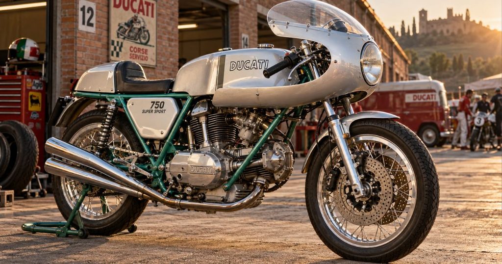 銀色のタンクと緑色のフレームが特徴的な1974年式ドゥカティ750SSをクラシックなレース場で撮影した姿