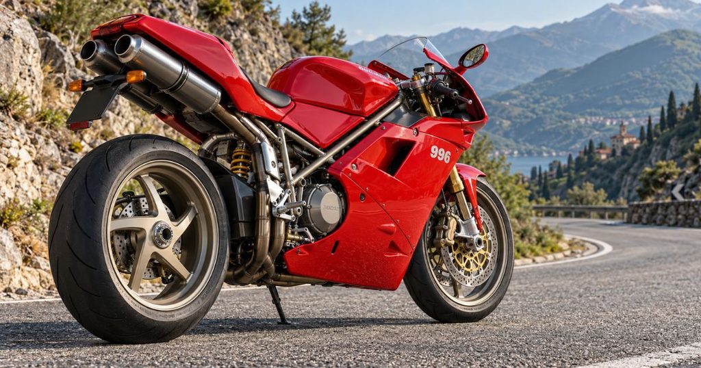 山道に停車した赤いドゥカティ996のシート下マフラーや片持ちスイングアームが見える後方斜めからの姿