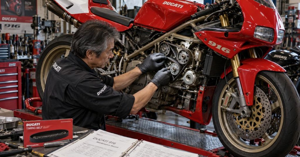 整備工場で赤いドゥカティ916のカムベルトを点検する50代の日本人整備士と作業台に置かれた整備記録簿