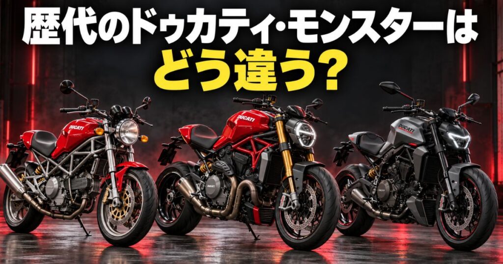 初代M900、モンスター1200S、新型モンスターを並べ、ドゥカティ・モンスターの歴代モデルの違いを表現した画像