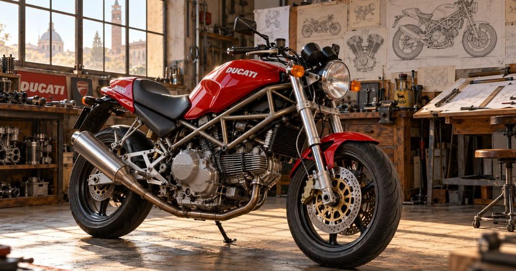 1990年代のイタリアの工房に展示された赤い初代ドゥカティ・モンスターM900と空冷Lツインエンジン