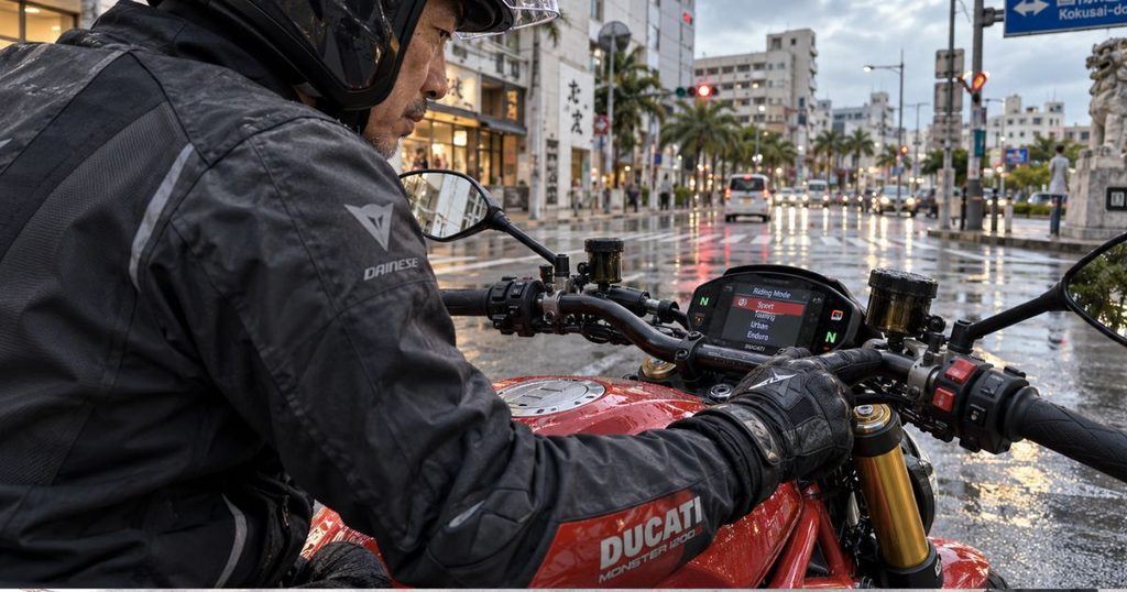雨上がりの那覇でドゥカティ・モンスター1200Sの走行モードを操作する55歳の日本人ライダー