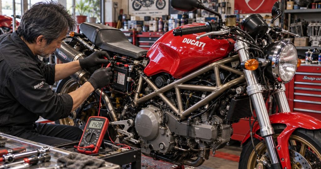 整備工場で旧型ドゥカティ・モンスターM900の充電系統や配線を点検する58歳の日本人整備士