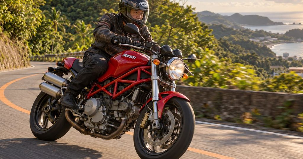 沖縄の緑豊かな山道を赤いドゥカティ・モンスターS2R1000で走る55歳の日本人ライダー