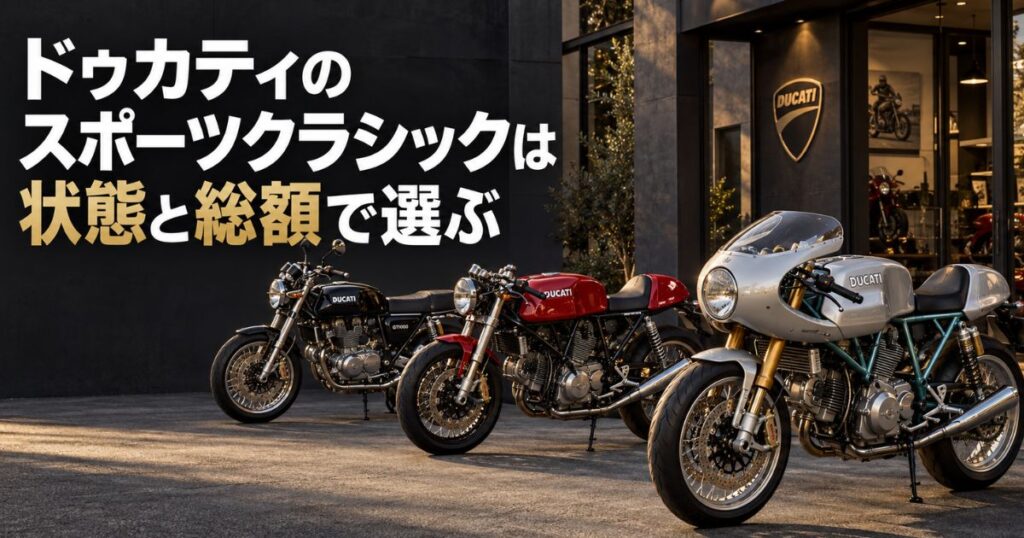 銀色のポールスマート1000LE、赤いSport1000、GT1000が並ぶドゥカティのスポーツクラシック紹介画像