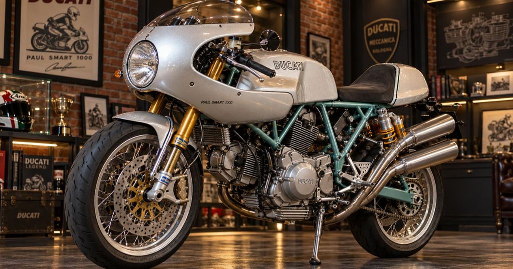 銀色のハーフカウルと淡いグリーンのフレーム、オーリンズ製サスペンションを備えたドゥカティ・ポールスマート1000LE