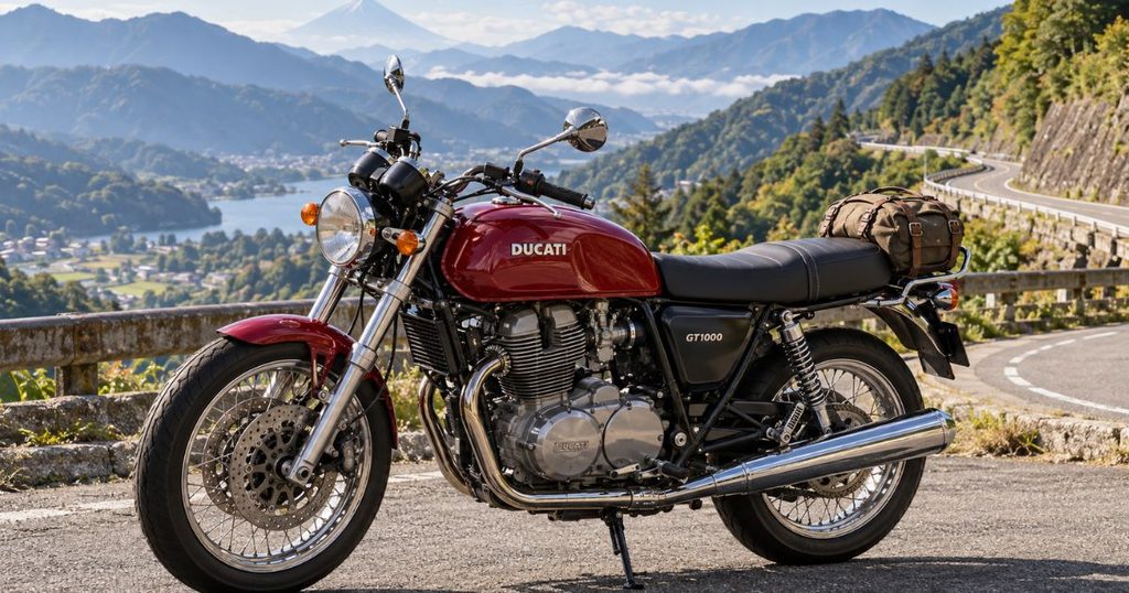 日本の山間のツーリングルートに停車したドゥカティGT1000とアップハンドル、ダブルシート、左右のクロームマフラー