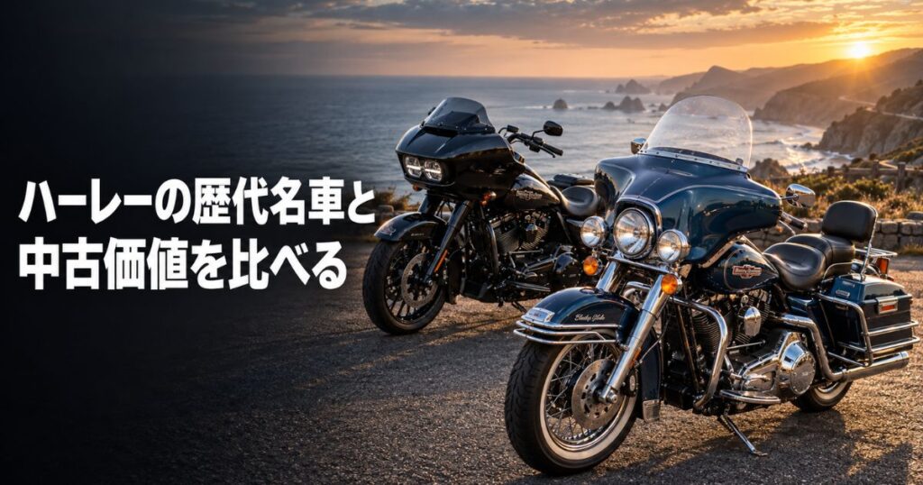 海沿いに並ぶ1970年代のハーレーFLHエレクトラグライドと現代のロードグライドを背景に、歴代名車と中古価値の比較を紹介するアイキャッチ画像