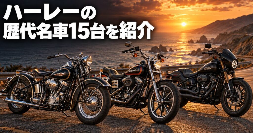 夕暮れの道路に並ぶ1948年式パンヘッド、1977年式ローライダー、現代のローライダーSを通してハーレーの歴代名車を紹介するアイキャッチ画像