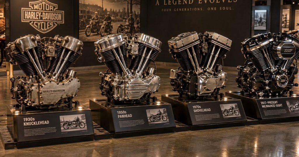 ナックルヘッド、パンヘッド、ショベルヘッド、ミルウォーキーエイトの4世代のハーレーエンジンが並ぶ博物館の展示