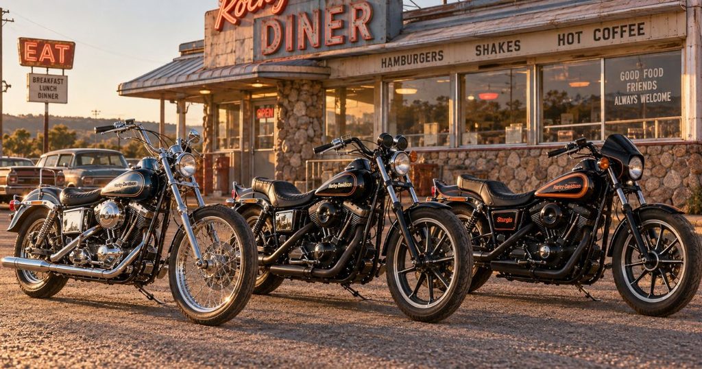 アメリカのダイナー前に並ぶ1971年式スーパーグライド、1977年式FXSローライダー、1980年式FXBスタージス