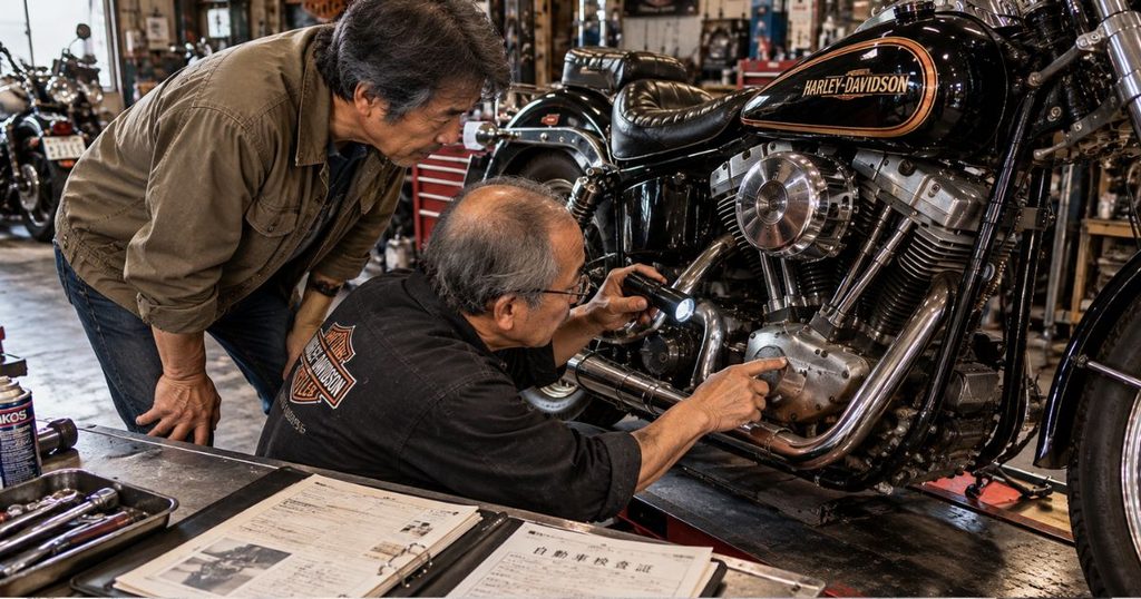 旧車ハーレー専門店でショベルヘッドのエンジン番号を整備士と購入希望者が確認し、整備記録と車両の状態を点検する様子