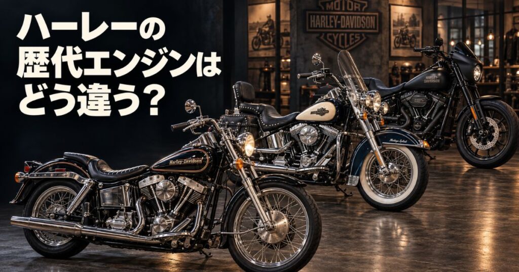 ショベルヘッド、エボリューション、ミルウォーキーエイトを搭載した3台のハーレーが並ぶ歴代エンジン比較のアイキャッチ画像