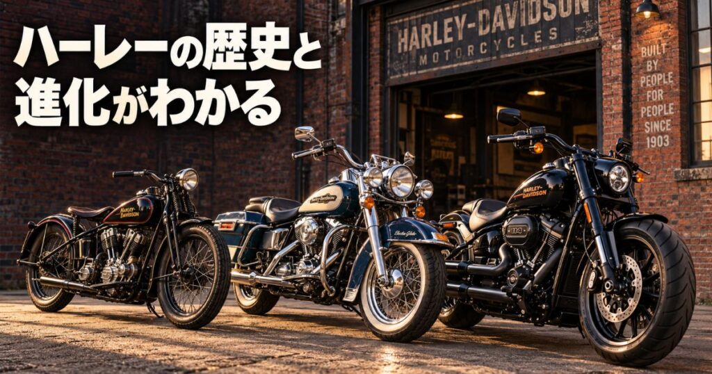 年代の異なるナックルヘッド、ショベルヘッド、現代のハーレーがレンガ造りのガレージ前に並ぶ歴史紹介画像