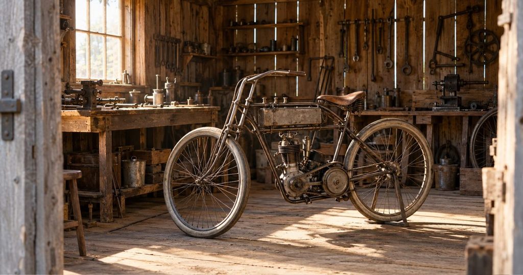 1903年頃のハーレー創業時の木造工房を再現した空間に置かれた初期の単気筒オートバイと工具
