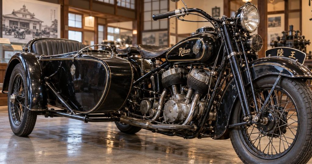 日本の旧車博物館に展示された1930年代の陸王を再現したサイドカー付き大型Vツインオートバイ