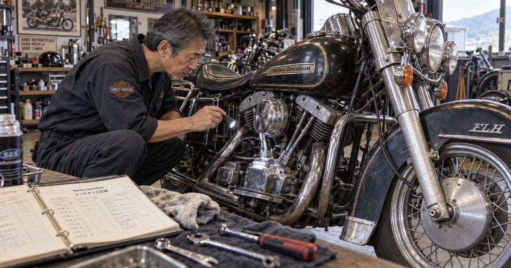 日本人50代男性が中古のショベルヘッドFLHのエンジン周辺をライトで照らし、オイル漏れや車両状態を点検している様子