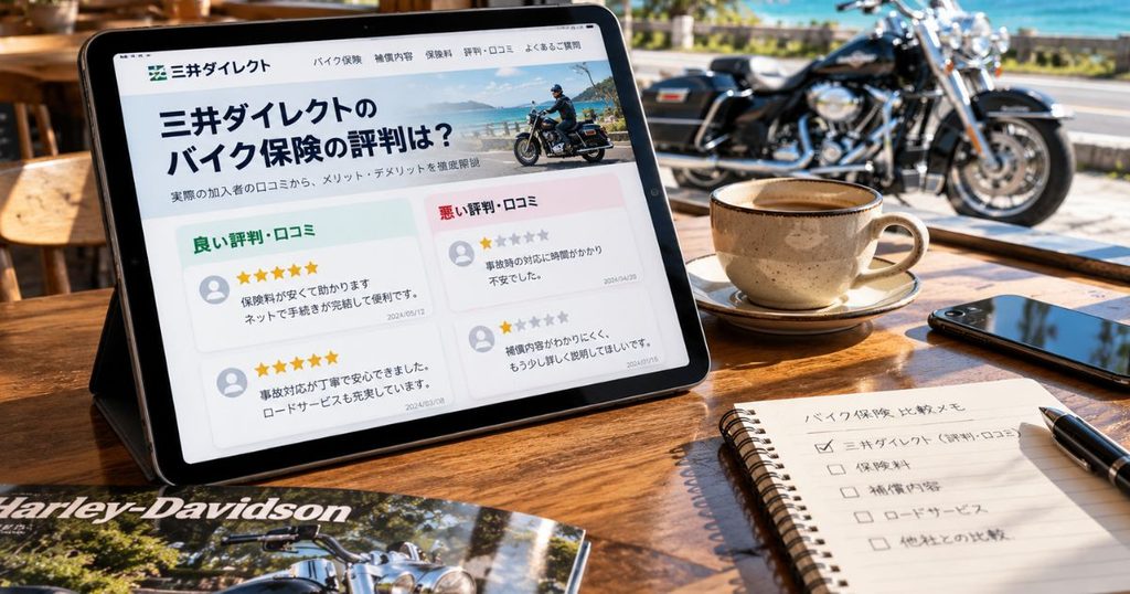 沖縄のカフェのテーブルに置かれたタブレットに、三井ダイレクト損保の高評価と低評価の口コミが並ぶ様子
