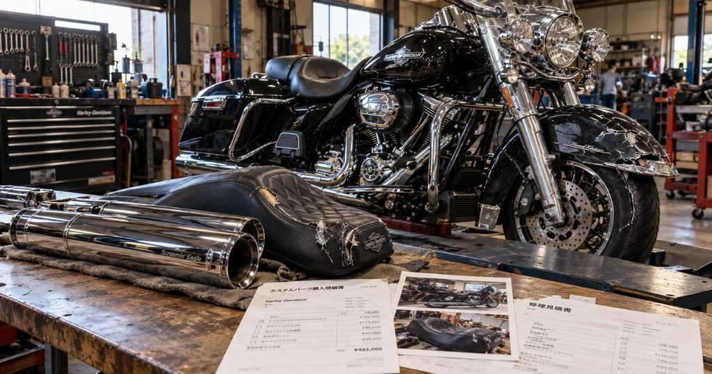 修理工場に置かれた事故で損傷したハーレーのロードキングと、カスタムマフラーやシート、購入時の領収書
