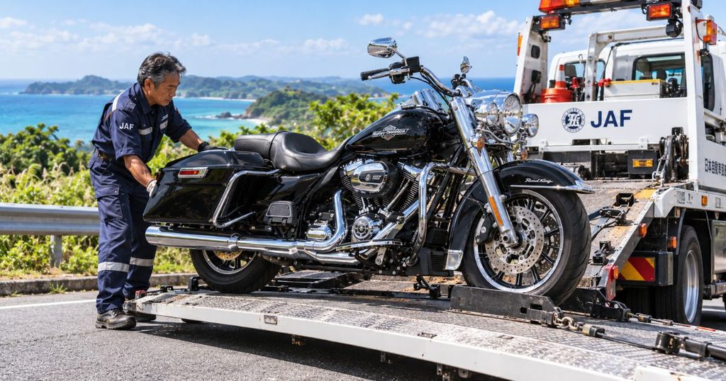 沖縄の海沿いの道路でハーレーのロードキングを積載車に載せる60代の日本人ロードサービス作業員