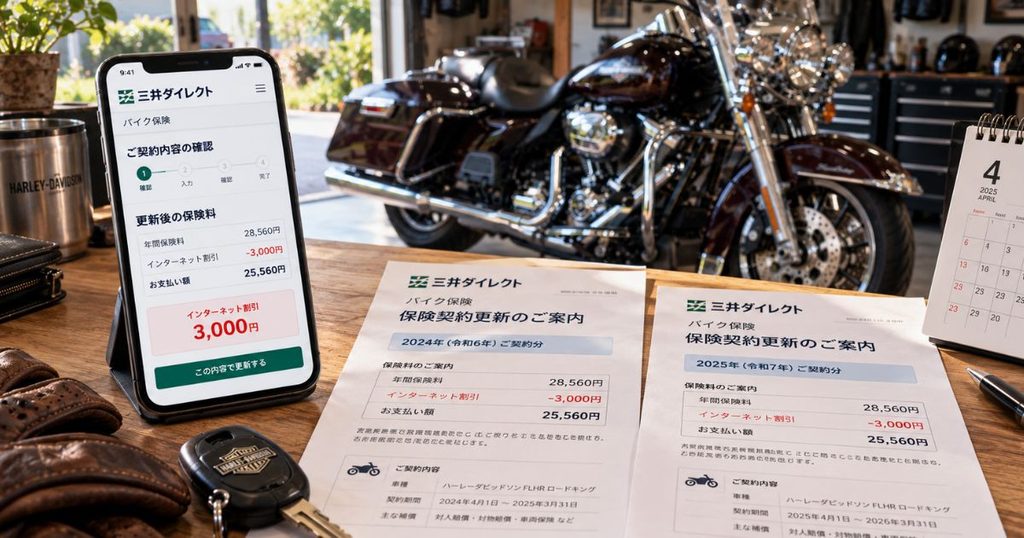 バイクガレージの作業台に置かれたスマートフォンと保険更新書類に、ネット割引3,000円が表示されている様子