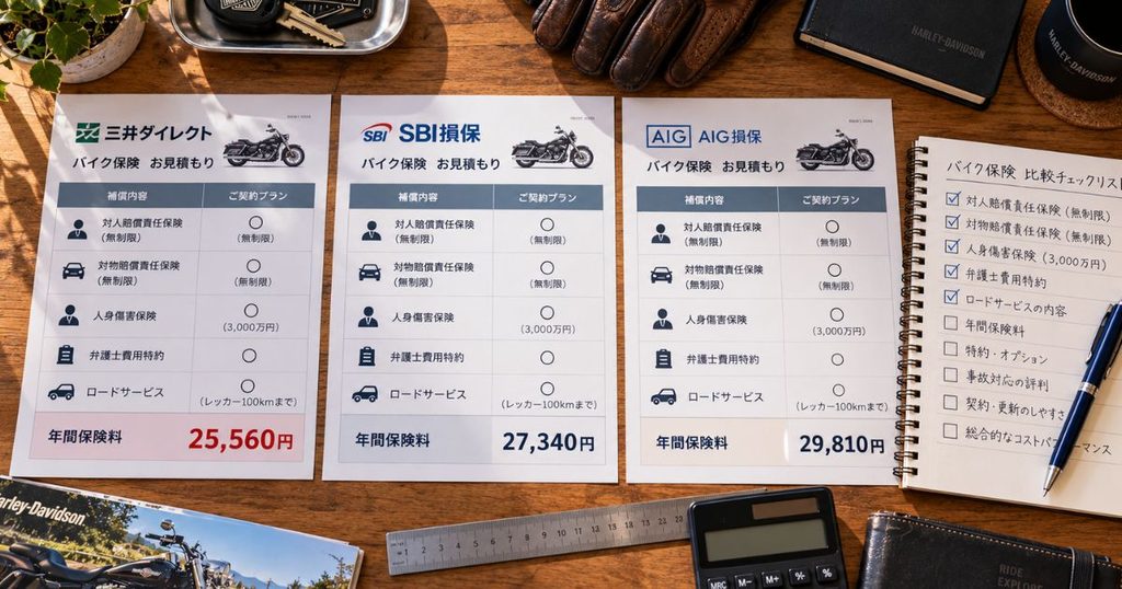 机に3社のバイク保険の見積書と比較チェックリストを並べ、対人・対物賠償や人身傷害などの補償条件を比較する様子