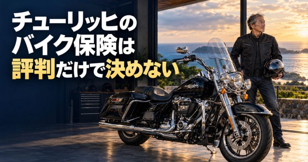 沖縄の海を望むガレージに停めた黒いハーレーのロードキングと、ヘルメットを持つ60代の男性。チューリッヒのバイク保険を評判だけで決めないという文字を配置した画像。