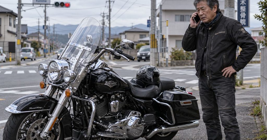 軽い損傷のある大型バイクのそばで、事故後の保険会社からの連絡を電話で確認する60代の日本人男性ライダー。