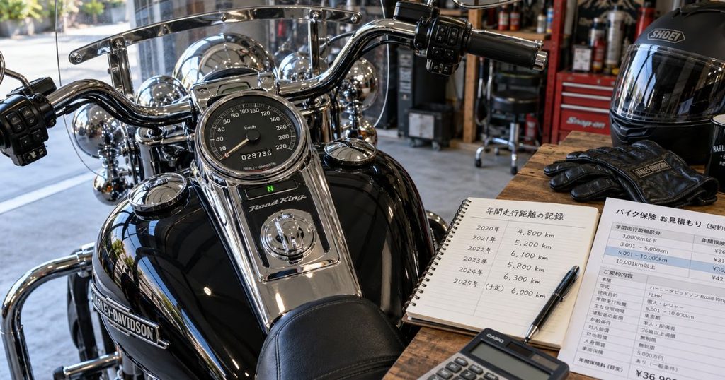 大型バイクの走行距離計と、年間走行距離を記録した手帳、保険料の見積書、電卓を並べたガレージの作業台。
