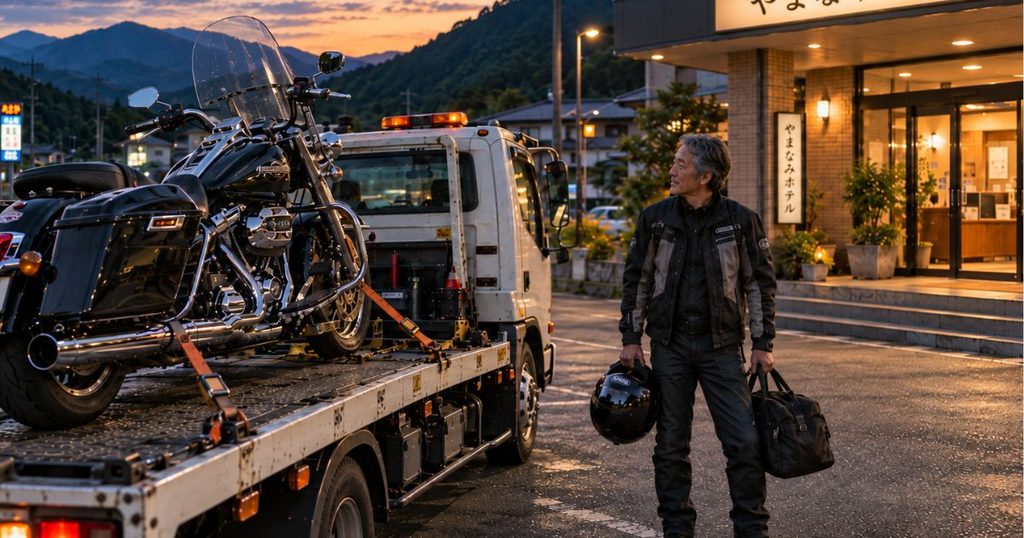 ツーリング中に故障した大型バイクを積んだレッカー車と、ヘルメットと宿泊用バッグを持ってホテルへ向かう60代の日本人男性ライダー。