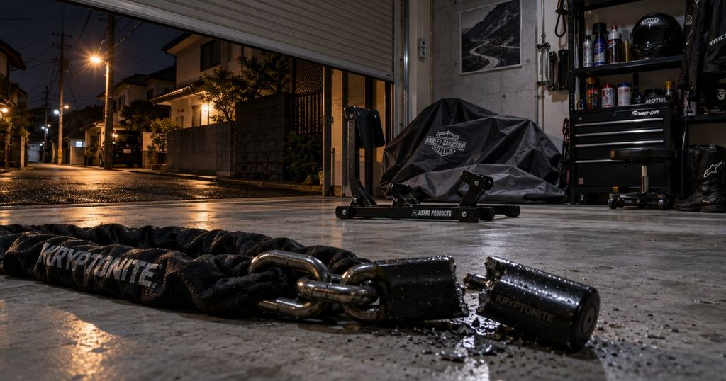 大型バイクが盗まれて空になった自宅ガレージと、床に残された切断済みの盗難防止チェーン、壊れた鍵、バイクカバー。