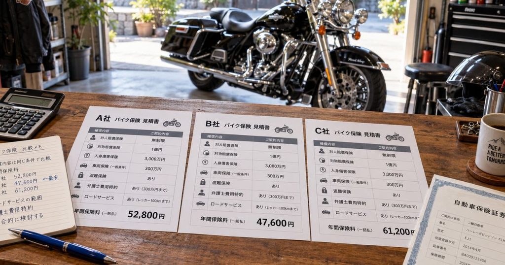 ガレージの作業台に並べたバイク保険3社の見積書と、補償条件や年間保険料を比較するための電卓、メモ帳。